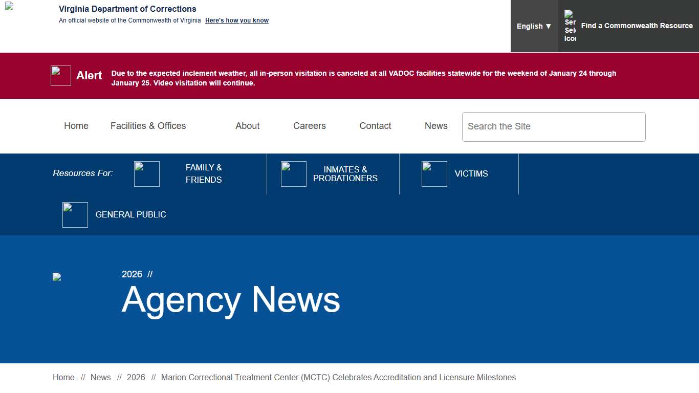 Marion Correctional Treatment Center (MCTC) Celebrates Accreditation and Licensure Milestones — Virginia Department of Corrections