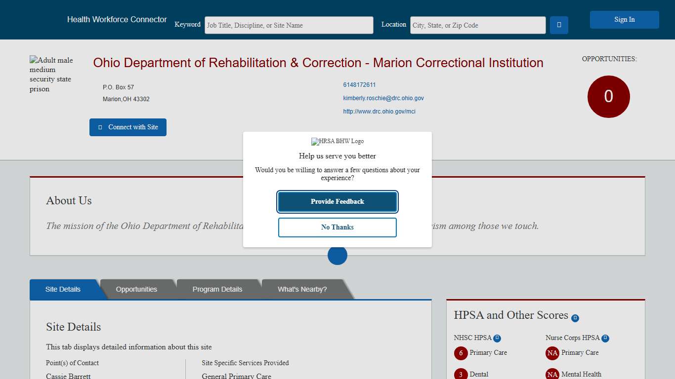 Health Workforce Connector - Site Profile Page